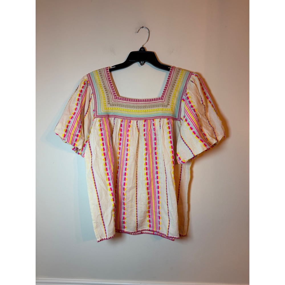 THML Blouse Women Large Boho Embroidered Puff Sleeve Square Neck White Stripe